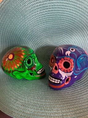 Hand-Painted Day of the Dead Ceramic Skulls - Green & Purple